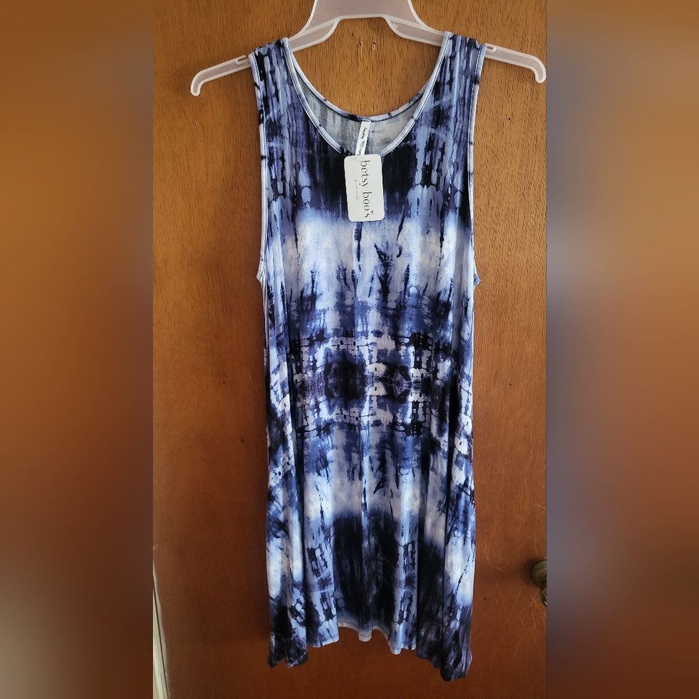 Betsy Boo's Boutique Dress Women's XL Tie Die Navy V-Neck Swing  CRUISE WEAR